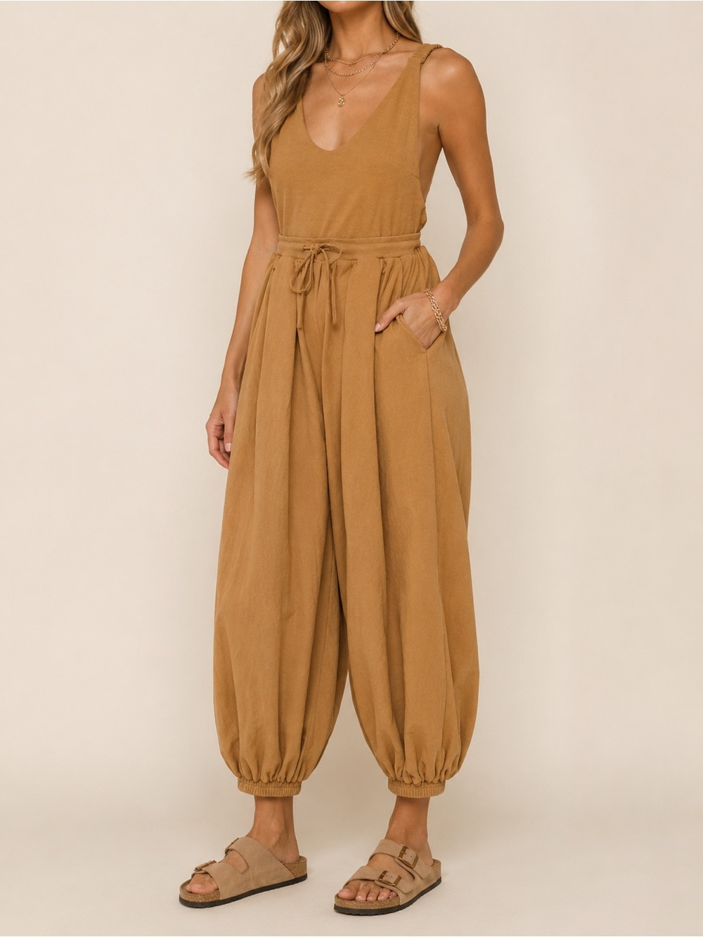 NWT Blue Buttercup Sutter Jumpsuit Tan Cotton Harem Balloon Leg Romper Sz Large